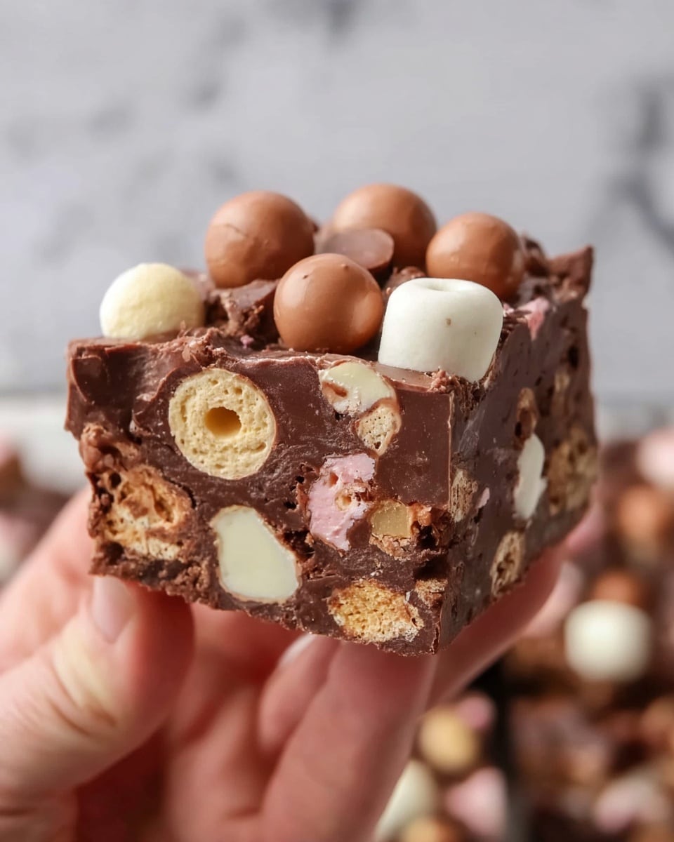 The image shows a close-up of a square piece of chocolate rocky road held by a woman's hand, with a white marbled background. The rocky road has two visible layers: a thick, rich dark brown chocolate base filled with mixed textures like light beige biscuit pieces and white and pale pink marshmallows, and on top, round chocolate-coated malt balls in light brown with one fully visible and one cut to show its crunchy inner texture. The chocolate looks smooth and shiny, holding all the pieces tightly together. The photo focuses on the dessert piece, making it look soft and chunky. photo taken with an iphone --ar 4:5 --v 7
