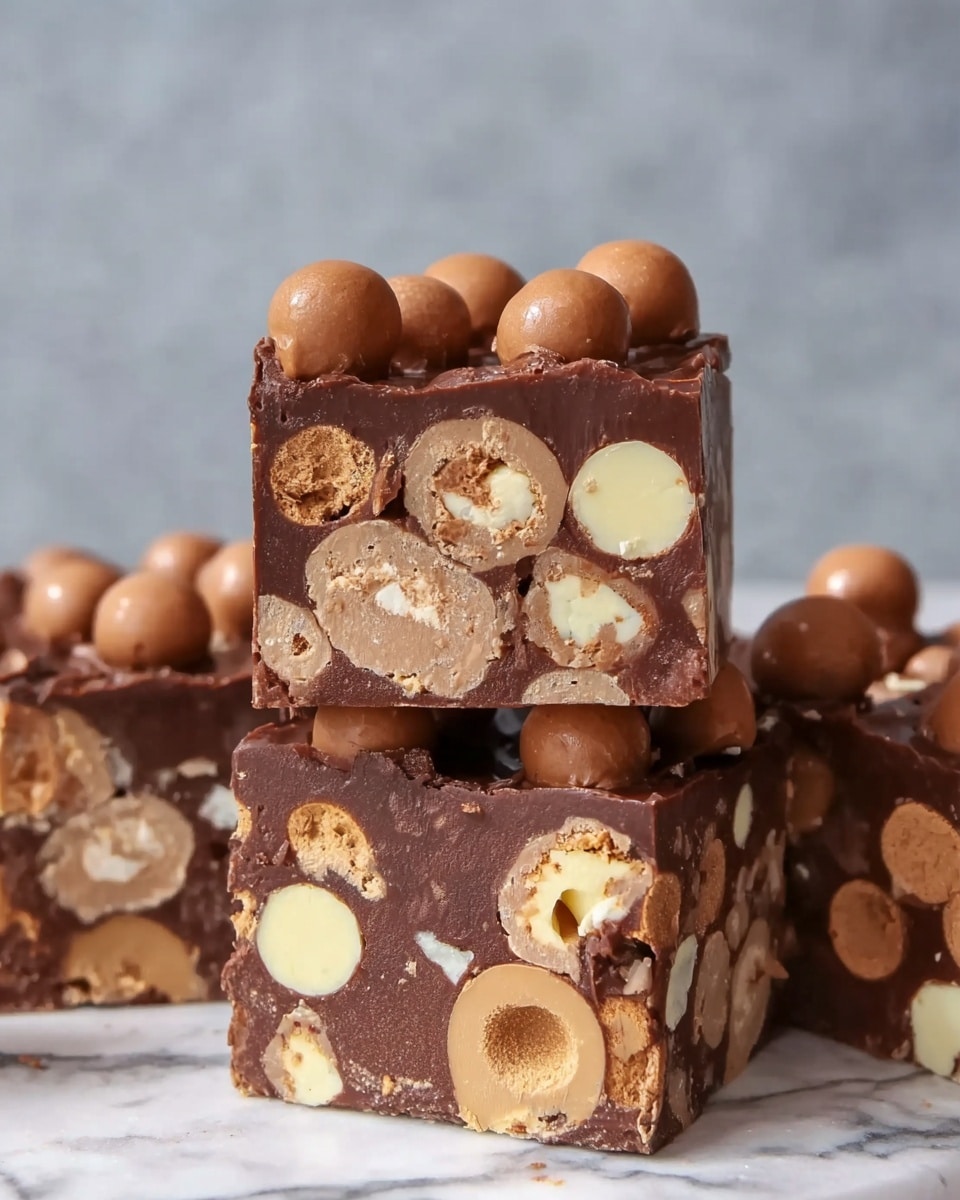 The image shows a close-up of three thick square pieces of rocky road fudge stacked on a white marbled surface. Each piece has multiple layers and textures: the base layer is a smooth, dark chocolate fudge with embedded light tan and white chewy chunks, giving it a rough texture. On top and within the fudge are round, tan malt balls with a hollow, crunchy crumb-like center visible, creating a contrast in color and texture. The top piece is balanced with whole malt balls on the surface, showing a glossy, slightly shiny chocolate coating. The background is a soft, blurred grey with subtle texture, highlighting the rich colors of the fudge. photo taken with an iphone --ar 4:5 --v 7
