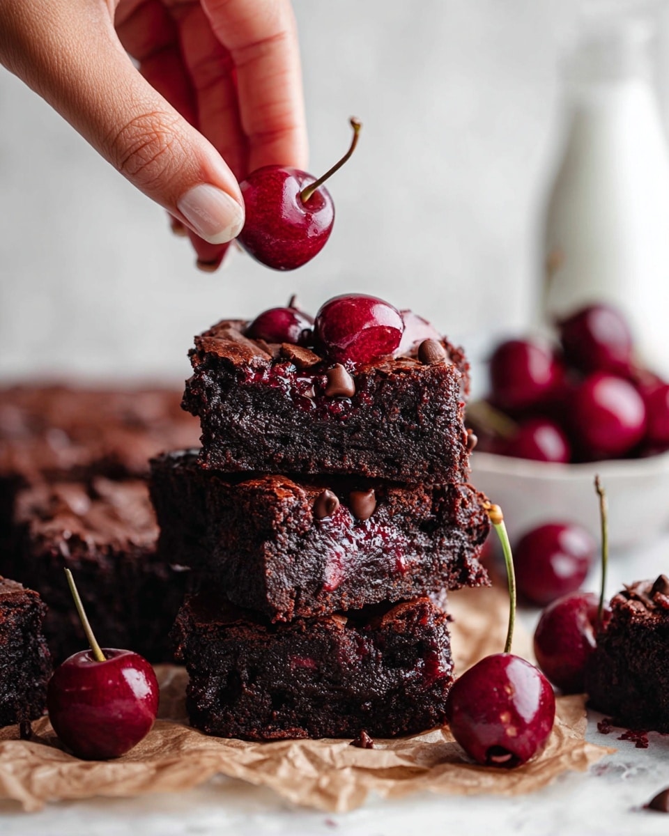 A stack of two rich, dark brown chocolate brownies with chocolate chips is placed on crinkled parchment paper on a white marbled surface. The top brownie layer is studded with shiny, deep red cherries, some whole and some cut in half, showing their juicy interior. A woman's hand is gently holding a whole cherry by the stem, poised above the stack. Around the stack are more brownies and cherries, all with a moist and dense texture, creating a tempting, layered look. The background is softly blurred with a light bottle shape adding a homey feel. Photo taken with an iphone --ar 4:5 --v 7