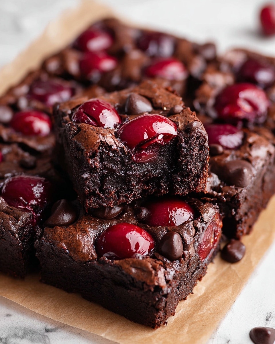 A close-up view of several square dark brown chocolate brownies arranged tightly together, with one brownie piece placed on top at the center, showing a dense, moist texture inside. Each brownie is topped with deep red glossy cherry halves and small smooth chocolate drops, creating a mix of shiny and matte textures. The brownies sit on a light tan parchment paper, all placed on a white marbled surface with a soft, blurred background. photo taken with an iphone --ar 4:5 --v 7