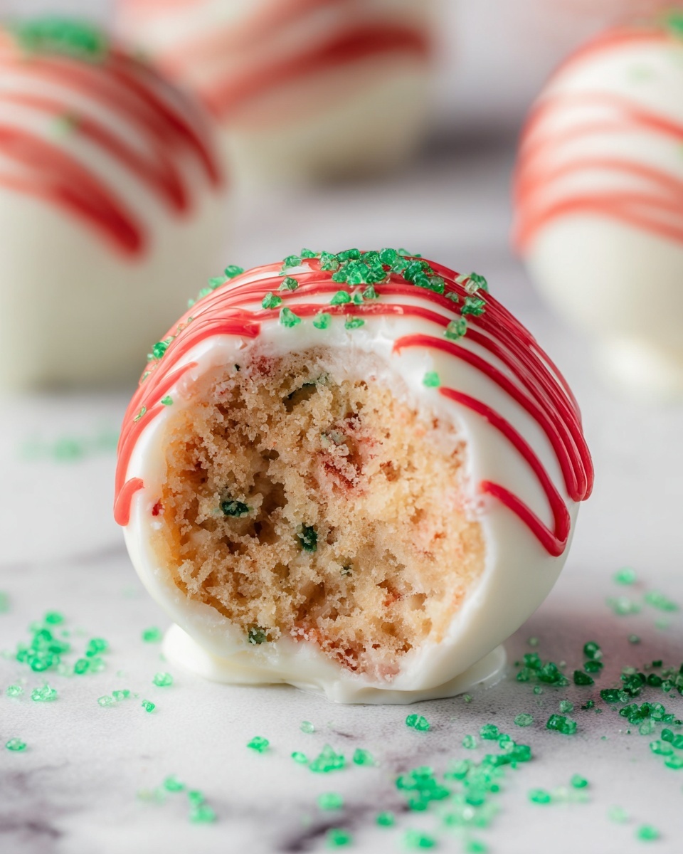 Christmas Tree Cake Truffles Recipe 5 The image shows a single round dessert ball with two visible layers. The outer layer is smooth and white, coated in a shiny finish, and decorated with thin, wavy red icing lines on top. The inner layer is soft and crumbly, with a light tan color mixed with small bits of red and green throughout, giving a textured look. The dessert sits on a white marbled surface sprinkled with small green sugar crystals around it. In the background, blurred dessert balls are faintly visible. Photo taken with an iphone --ar 4:5 --v 7