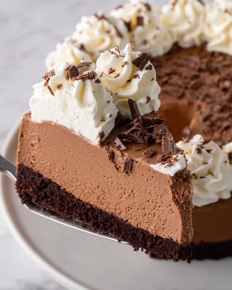A slice of chocolate mousse cake with three distinct layers is on a white speckled plate placed on a white marbled surface. The bottom layer is dark and crumbly, resembling a cookie crust. The middle layer is a thick, light brown chocolate mousse, smooth and creamy in texture. The top layer is a thin, slightly darker chocolate mousse, smooth and firm. On top of the slice, there are three white swirls of whipped cream, each decorated with small chocolate curls. Next to the slice on the plate are three pieces of dark chocolate and scattered chocolate shavings. A metal fork with the words 