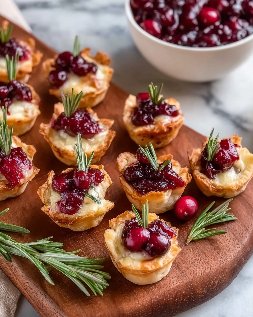 This image shows small pastry cups arranged on a wooden board. Each cup is golden brown and filled with melted creamy cheese, topped with bright red cranberry sauce and whole cranberries. Small sprigs of fresh green rosemary are inserted in each cup, adding a touch of green. Next to the pastries on the wooden board are a few larger sprigs of fresh rosemary, and in the background, there is a white bowl filled with more cranberry sauce. The whole scene sits on a white marbled surface. photo taken with an iphone --ar 4:5 --v 7