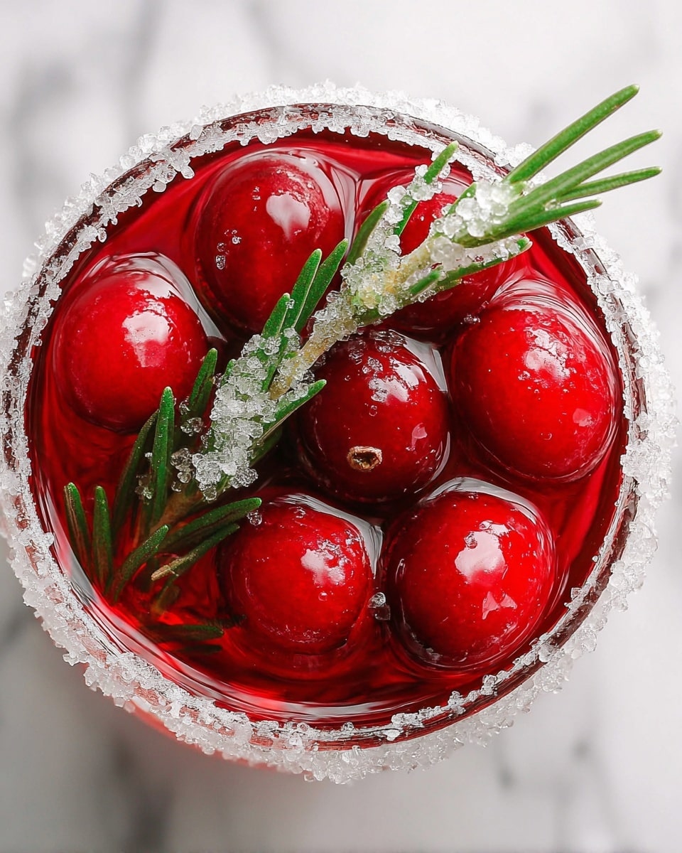 Citrus Cranberry Party Punch Recipe 6 A close-up top view of a clear glass filled with bright red cranberries and a sprig of green rosemary covered lightly with sugar crystals, floating in light red liquid. The glass rim is thickly coated with white sugar crystals. The background is a white marbled surface. photo taken with an iphone --ar 4:5 --v 7