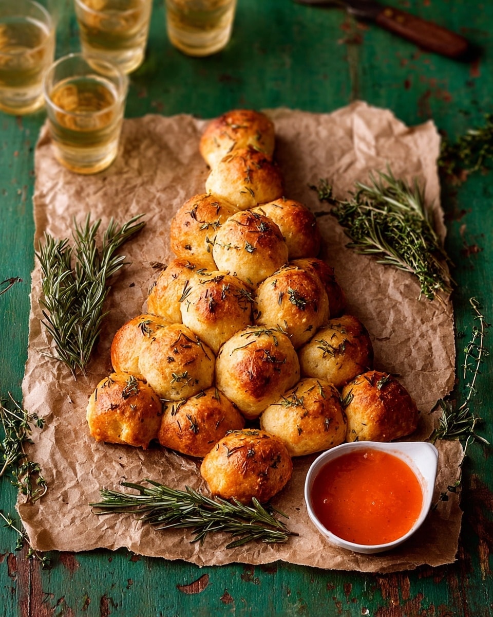 Cheesy Garlic Christmas Tree Bread Recipe 6 The image shows a close-up of several golden brown, round baked cheese-filled dough balls arranged on brown parchment paper, with a sprig of fresh rosemary on the side. One cheese ball is being pulled apart by a woman’s hand, revealing melted white cheese stretching between the separated pieces. Below the dough balls is a metal measuring cup filled with thick red marinara sauce. The background surface is white with a marbled texture. photo taken with an iphone --ar 4:5 --v 7