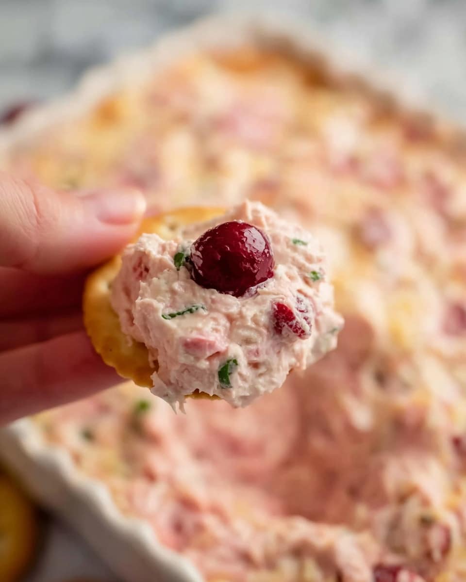 The image shows a close-up of a cheese ball log with visible layers of creamy white cheese mixed with small green herb pieces inside. The outer layer is covered in large chunks of dark red dried cranberries and light brown chopped nuts, giving a rough texture. The log is placed on white parchment paper on a white marbled surface with scattered chopped nuts and a blurred view of round crackers on either side in the foreground. The focus is sharp on the cheese ball with soft natural light highlighting the colors and textures photo taken with an iphone --ar 4:5 --v 7