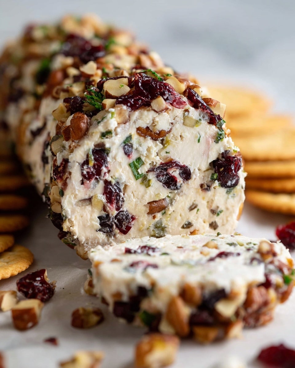 A close-up of a woman's hand holding a round cracker topped with a soft white cheese spread mixed with small pieces of green herbs, chopped pecans, and red dried cranberries. On a white marbled surface below, there is a wooden board with parchment paper holding multiple similar cheese balls covered with the nut and cranberry mix. In the background, there is a neat stack of round crackers arranged in a row on the wooden board. The overall colors are light beige from the crackers, white and creamy from the cheese, with spots of red and brown from the cranberries and nuts. Photo taken with an iphone --ar 4:5 --v 7