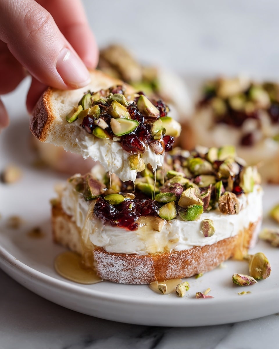 A close-up of a white toasted bread chip held by a woman's hand, dipped in a spread with three main layers: the bottom layer is smooth and creamy white cheese spread covering the inner edge of a white plate, the middle layer shows a mix of chopped green pistachios and red berry jam adding texture and color on top of the cheese, and the top layer has a drizzle of honey on the cheese and jam, creating a shiny effect; the white plate sits on a white marbled surface in the background, with more of the layered spread visible around the plate’s edge photo taken with an iphone --ar 4:5 --v 7