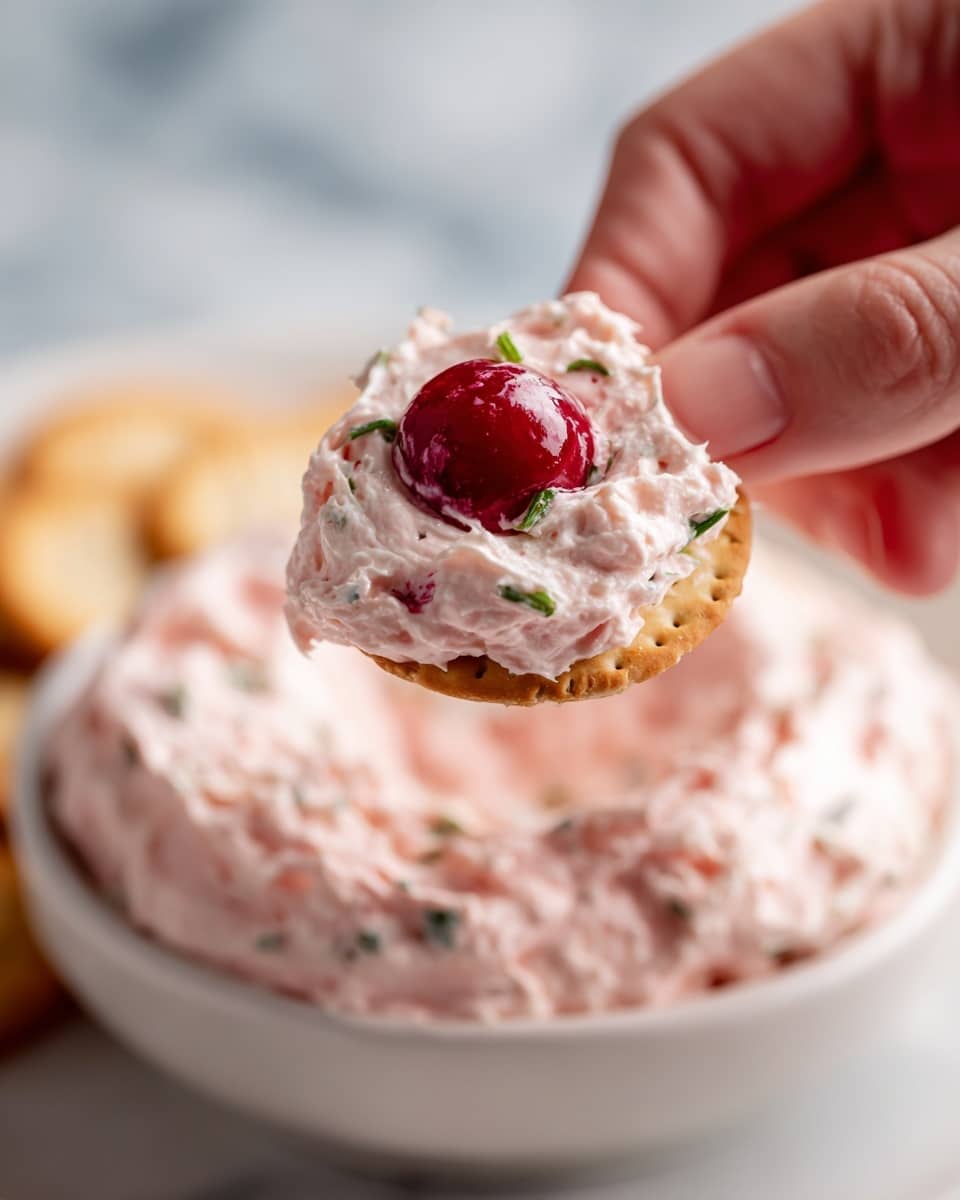 A close-up image shows a woman's hand holding a small round cracker that is covered with a thick, creamy pink dip. The dip has a smooth, slightly chunky texture and contains small bits of green herbs mixed in. There is one prominent red cherry or berry piece sitting on top of the dip. The background shows a white dish filled with more of the same pink dip, resting on a white marbled surface. The photo taken with an iphone --ar 4:5 --v 7
