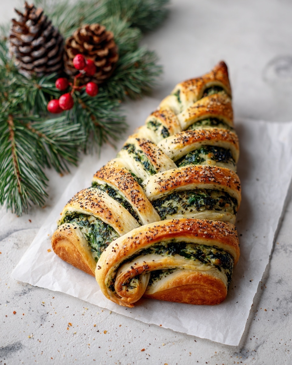The image shows a bread shaped like a Christmas tree on white parchment paper with a white marbled background. The bread has a golden brown crust with layers of twisted dough filled with green spinach or herb mixture, creating alternating stripes. The tree shape has a pointed top and gradually wider base, with each twisted layer fanning out like branches. Small black pepper specks are visible on the surface, adding texture. To the left, there are green pine branches and a pine cone decorated with small red berries. Photo taken with an iphone --ar 4:5 --v 7