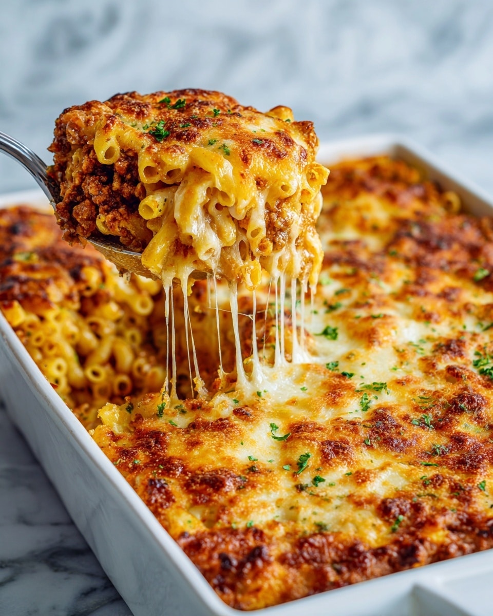 A close-up shows a large white rectangular dish of baked pasta casserole being served with a metal spoon. The dish has three visible layers: the bottom layer is short pasta with a light sauce and bits of herbs, the middle layer is a chunky meat tomato sauce with ground meat and some green herbs, and the top layer is melted golden brown cheese with toasted spots and some small green herb pieces. Long strings of melted cheese stretch from the dish to the spoon, emphasizing the cheese's texture as it lifts. The background has a white marbled surface. Photo taken with an iphone --ar 4:5 --v 7