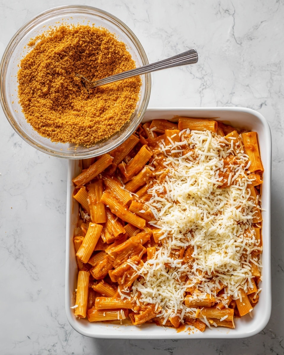 The image shows a white square baking dish filled with layered pasta. The bottom layer consists of tube-shaped pasta in a reddish-orange sauce. On top of the pasta, there is a layer of shredded white cheese, mostly covering the surface but with some pasta visible at the edges. The top layer is a sprinkle of light golden, fine crumbs which seem crispy. Next to the baking dish on the left side, there is a clear glass bowl with the same crumb mixture and a metal spoon inside it. The background surface is a white marbled texture. Photo taken with an iphone --ar 4:5 --v 7
