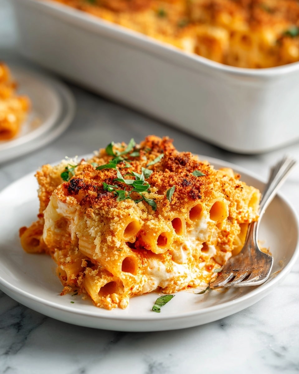 A white plate holds a serving of baked pasta with three main layers visible: the bottom layer is tubular pasta mixed with a red tomato sauce, the middle layer appears creamy and cheesy with a slightly orange tone, and the top layer is crispy golden breadcrumbs sprinkled with fresh green herbs. A silver fork rests on the right side of the plate, and in the background, a white baking dish filled with more of the same pasta sits on a white marbled surface. Photo taken with an iphone --ar 4:5 --v 7