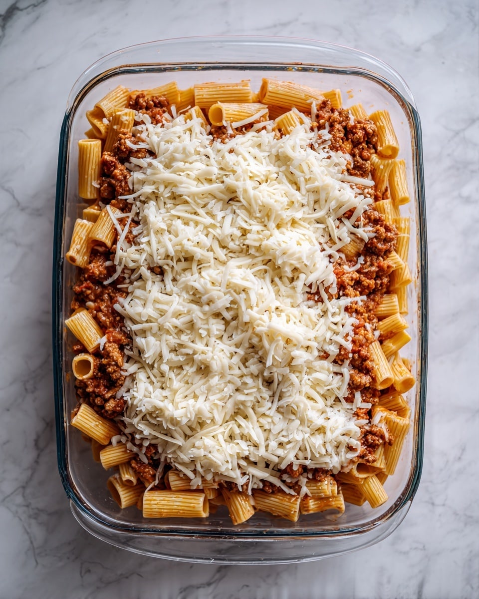 The image shows a clear glass baking dish filled with layers of baked pasta. The bottom layer consists of rigatoni pasta with a slightly orange color, mixed with a tomato-based meat sauce that looks rich and thick with brown ground meat pieces. On top of this is a generous layer of shredded white cheese, which is spread unevenly across the surface covering the pasta and sauce layers. The dish appears ready to bake or just removed from the oven, with some cheese slightly melting but mostly still solid. The baking dish sits on a white marbled surface. photo taken with an iphone --ar 4:5 --v 7