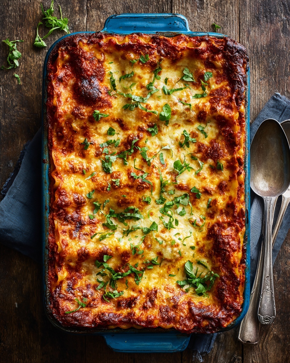 The image shows a rectangular white baking dish filled with a layered lasagna. The top layer is covered with melted cheese, golden brown with slightly darker brown baked spots, and sprinkled with fresh green basil leaves chopped into small pieces. The lasagna is gently cut into nine square portions, revealing a rich sauce peeking through beneath the cheese. The dish sits on a white marbled surface. photo taken with an iphone --ar 4:5 --v 7