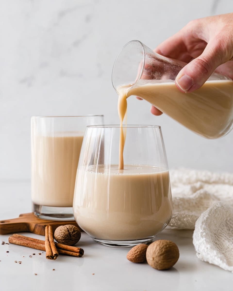 A clear glass filled halfway with light beige creamy liquid is being poured from a smaller clear glass held by a woman's hand on the right side of the image. Behind it, there is another clear glass filled with the same beige liquid sitting on a white marbled surface, next to some whole nutmegs and cinnamon sticks placed on a small wooden board. A soft white cloth is partially visible to the right, enhancing the simple, clean setting. The background is plain with a white marbled texture. photo taken with an iphone --ar 4:5 --v 7