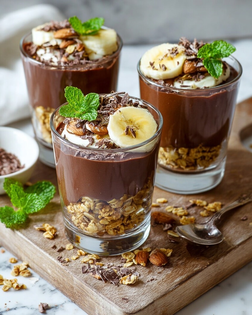 The image shows three clear glass cups filled with layered dessert placed on a wooden board. Each cup has a bottom layer of golden granola, followed by a thick, dark brown chocolate pudding layer. On top, there are banana slices, sprinkled chocolate shavings, and small almond pieces, garnished with fresh bright green mint leaves. The setting is on a white marbled surface with some granola and chocolate shavings scattered around. Photo taken with an iphone --ar 4:5 --v 7
