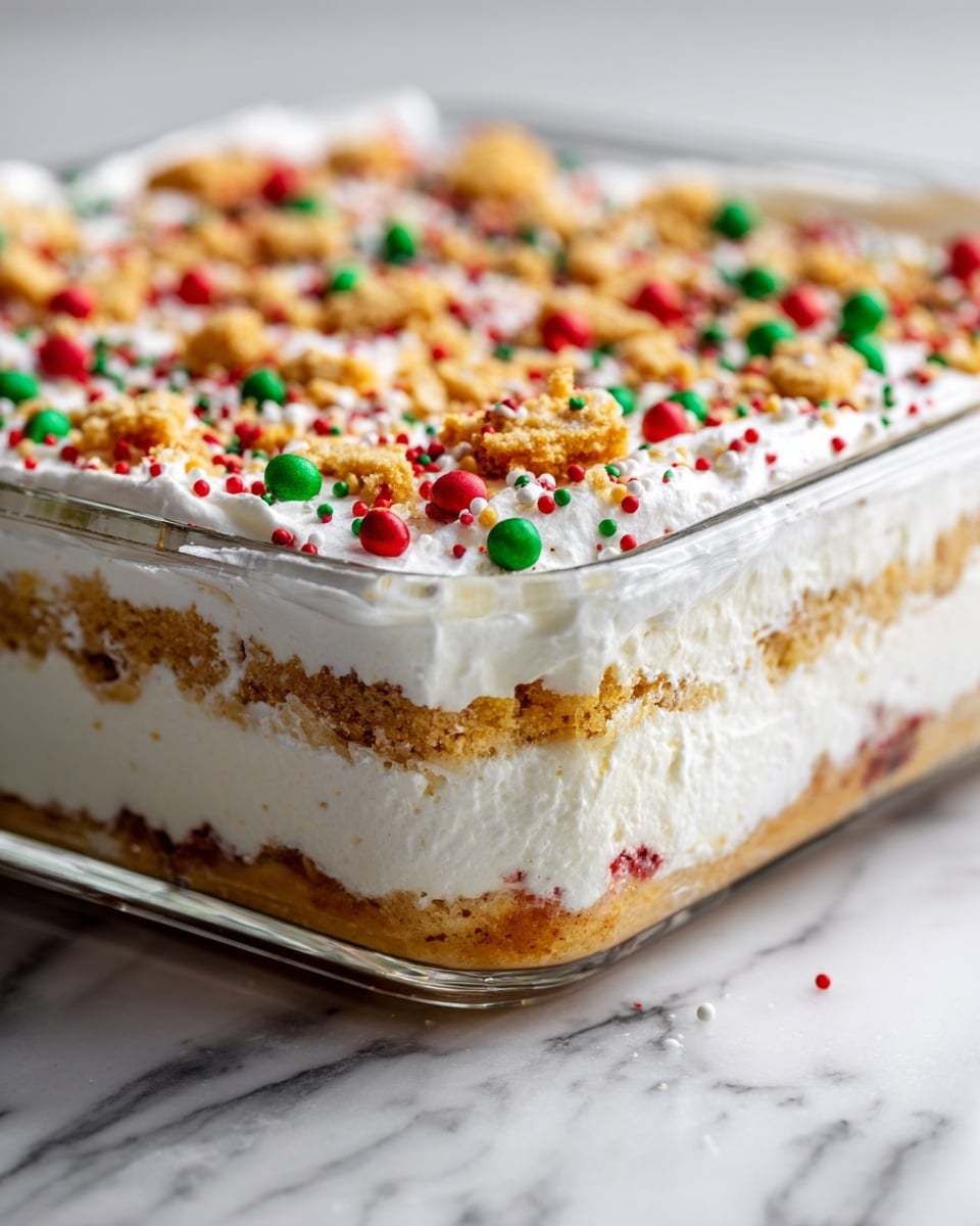 A close-up of a square layered dessert on a stack of three white plates shows four distinct layers: the bottom crumbly golden crust, a thick white creamy layer mixed with colorful sprinkles, a thinner jelly-like translucent layer with embedded sprinkles, and a fluffy white top layer adorned with half pieces of golden cookies and red, green, and white round sprinkles. A fork held by a woman's hand is lifting a bite from the front, showing all the layers clearly with the colorful sprinkles visible throughout. The background is a soft out-of-focus white marbled texture with hints of blue from a cloth beneath the plates. photo taken with an iphone --ar 4:5 --v 7