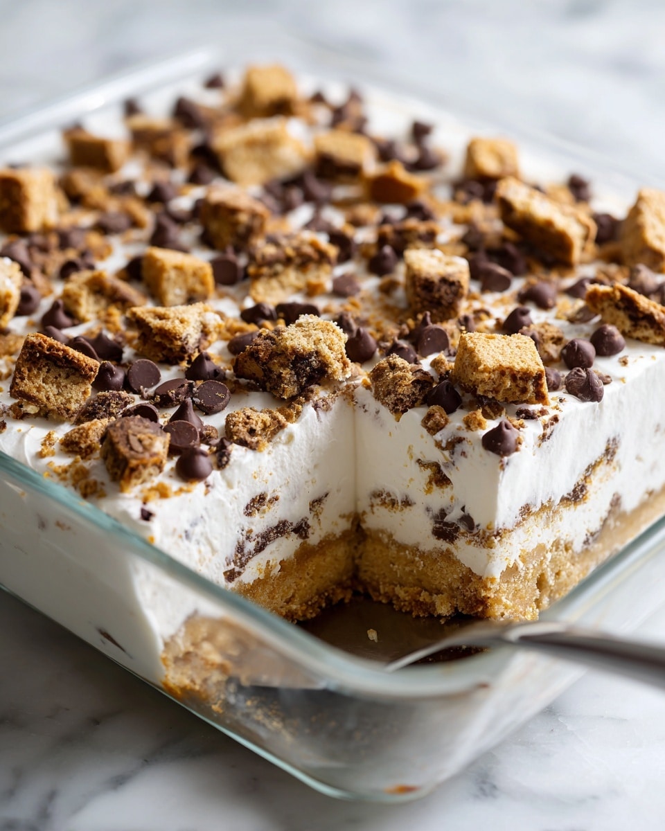 A clear glass rectangular dish holds a dessert with two visible layers; the bottom layer is a light brown base, and the top layer is a thick white creamy layer spread evenly. The white layer is sprinkled generously with broken pieces of golden brown chocolate chip cookies and small dark chocolate chips scattered across the surface. Around the dish are silver forks on a stack of white plates, a small white bowl with more chocolate chips, and a bottle of milk with two striped straws, all set on a white marbled surface. photo taken with an iphone --ar 4:5 --v 7