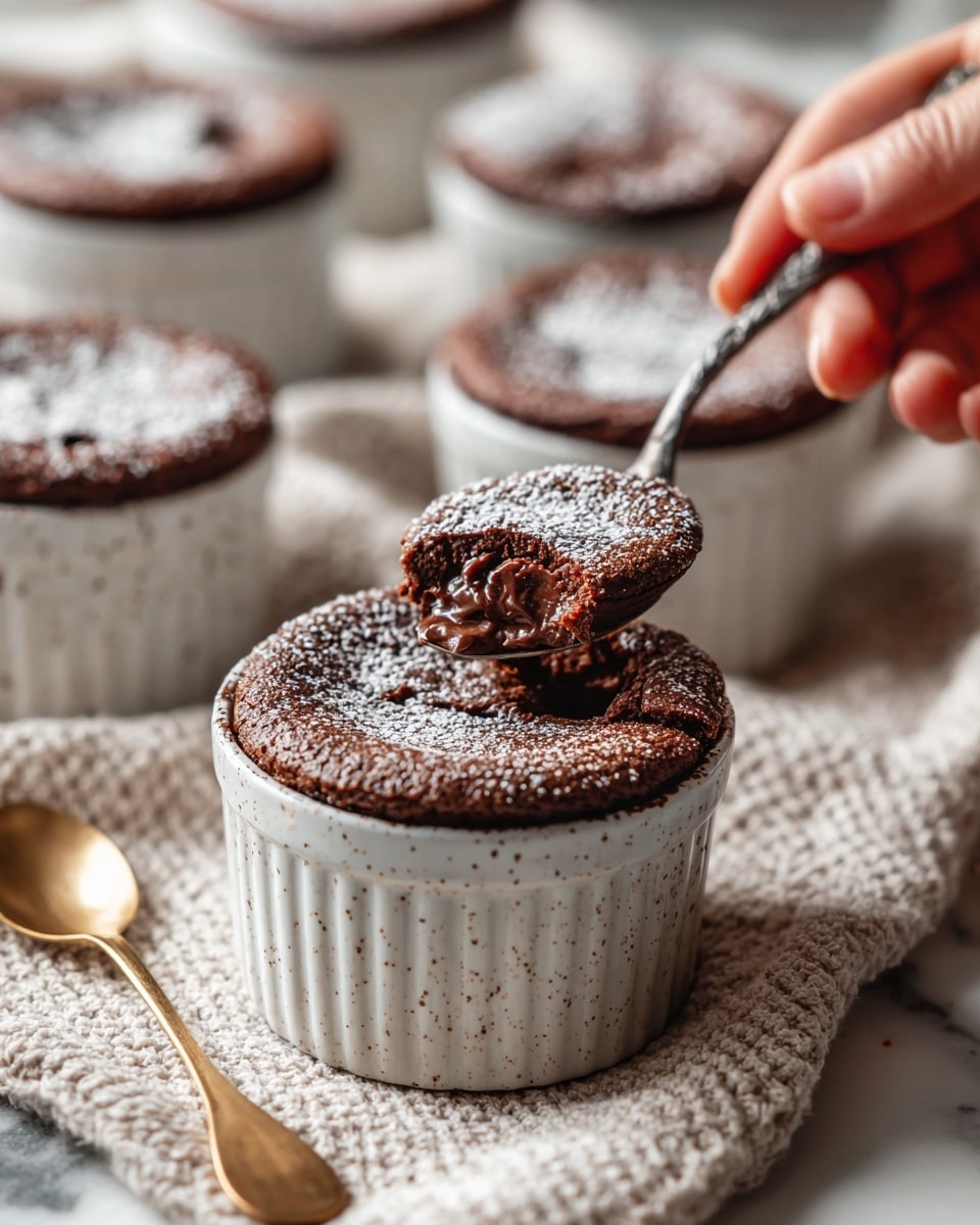 The image shows several individual chocolate soufflés in white speckled ramekins with black handles, placed on a soft beige knit cloth on a white marbled surface. One ramekin is in the front, with a woman's hand holding a spoon scooping into the rich, airy chocolate dessert, revealing a warm, creamy middle layer with a slightly darker color than the soufflé top. The surface of each soufflé is textured and dusted lightly with powdered sugar, giving a soft contrast to the deep brown color. The background ramekins are softly blurred, and there is a golden teaspoon lying on the surface near the front ramekin. Photo taken with an iphone --ar 4:5 --v 7
