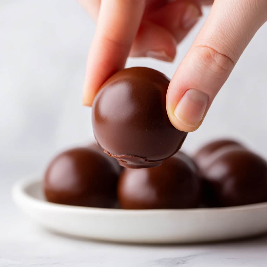 A close-up view shows several round chocolate balls on a white plate, each covered in a smooth yet slightly wrinkled dark chocolate coating with a shiny texture. One chocolate ball in the front is broken open, revealing a dense, light brown, crumbly inner layer with small bits of crunchy texture inside. The chocolate coating is thin but covers the inner filling fully. The white plate rests on a white marbled surface. photo taken with an iphone --ar 4:5 --v 7