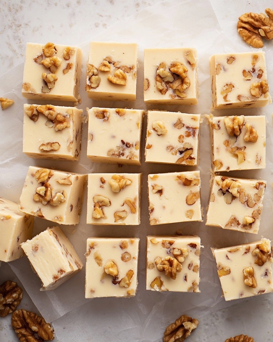 The image shows sixteen square pieces of creamy white fudge with chopped walnuts mixed inside and some on top, arranged neatly on white parchment paper. Each fudge piece is smooth with a soft, slightly glossy surface, and the walnuts add a rough, crunchy texture with their brown, irregular shapes scattered through the light fudge. The fudge squares are close together in a grid on a white marbled surface, with a few walnut pieces scattered around and to the side. Photo taken with an iphone --ar 4:5 --v 7