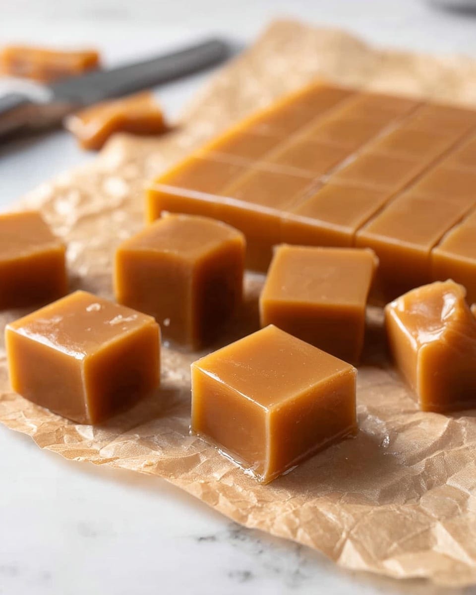 A large block of soft, smooth caramel candy is placed on crinkled brown parchment paper on a white marbled surface, with a grid pattern cut into square pieces on the top of the block; several individual caramel squares are separated and standing upright around the main block, showing shiny, dense, and slightly rounded edges, with a knife blurred in the background. photo taken with an iphone --ar 4:5 --v 7