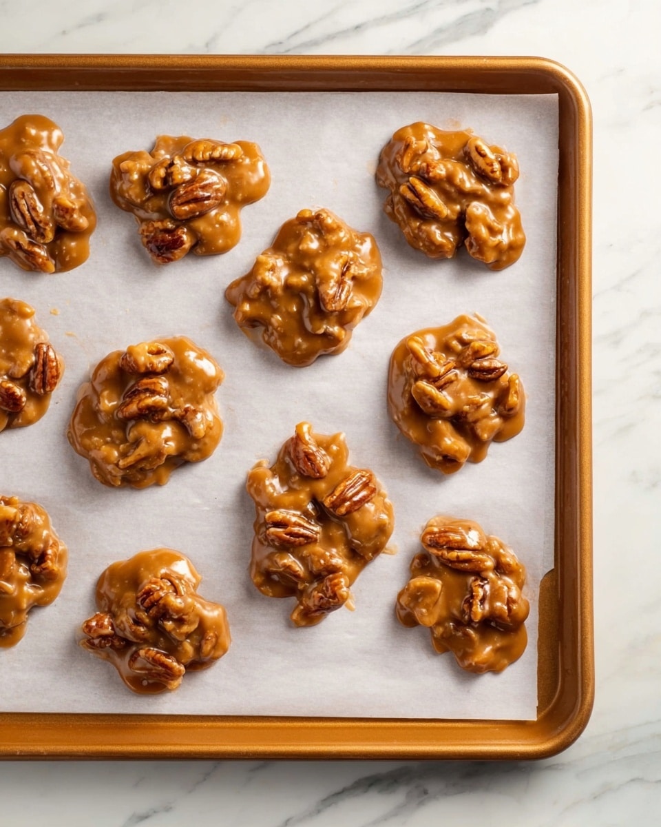 A baking tray lined with white parchment paper holds nine clusters of praline mixture spread out in three rows. Each cluster is amber-brown, glossy, and unevenly shaped with a thick, sticky texture. Pecans are embedded within the caramel mixture, showing their ridged surface and deeper brown color under the shiny caramel layer. The tray rests on a white marbled surface, and the clusters look ready to harden into candy. photo taken with an iphone --ar 4:5 --v 7
