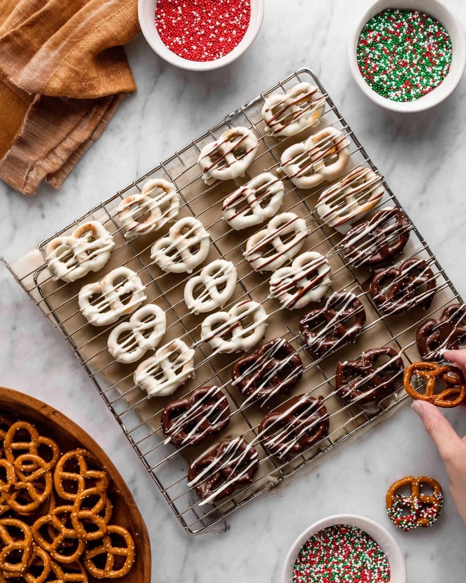 This image shows a metal cooling rack on a white marbled surface, holding two types of pretzels in neat rows. One type is coated in white chocolate with smooth white drizzle on top, while the other is covered in dark chocolate with a similar white drizzle. Small pretzels dipped in dark chocolate and decorated with colorful sprinkles are placed near the bottom right of the rack. Around the rack are white bowls filled with red, green, and white round sprinkles, and a wooden bowl with plain pretzels on the bottom left. A woman's hand is reaching for one of the pretzels from the bottom right corner. Photo taken with an iphone --ar 4:5 --v 7