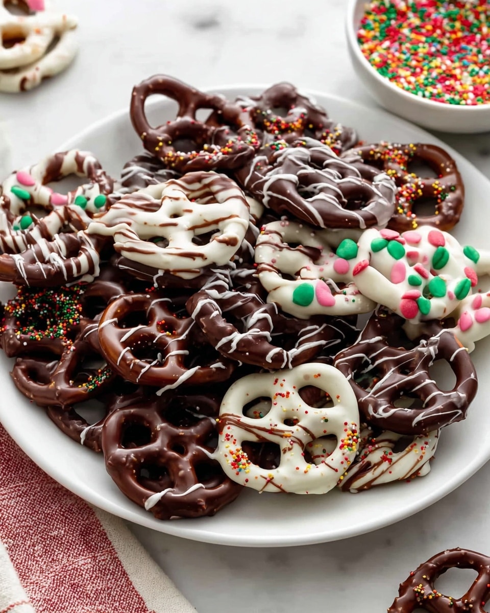 A white plate sits on a white marbled surface, filled with pretzels covered in different layers of chocolate. Some pretzels are coated in dark brown chocolate with smooth texture and drizzled with thin lines of chocolate on top. Others have a white chocolate layer, topped with small round red and green sprinkles, or pastel-colored round sprinkles. A few pretzels have dark chocolate with colorful round sprinkles. The pretzels are piled together, showing a mix of shiny smooth chocolate and textured sprinkles. On the edge of the image, a small white bowl with colorful round sprinkles is partially visible. Photo taken with an iphone --ar 4:5 --v 7