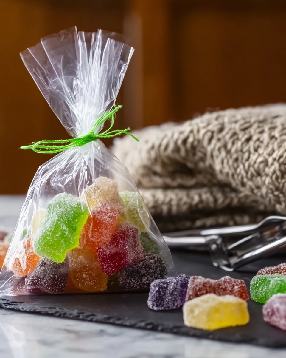 A clear plastic bag tied at the top with a thin green string holds colorful sugar-coated jelly candies in various shapes and sizes. The candies have a textured surface with sugar crystals, showing colors like green, orange, red, purple, yellow, and translucent white. Some loose candies are scattered on a dark textured surface near the bag, with a woven beige cloth and metal tongs blurred in the background. The whole setup is on a white marbled textured surface. photo taken with an iphone --ar 4:5 --v 7