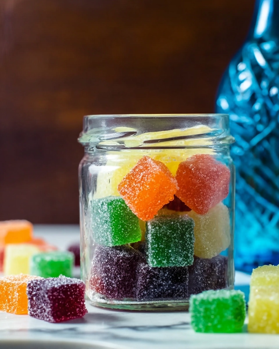 The image shows a clear glass jar filled with five layers of square gummy candies covered in sugar crystals. The bottom layer is dark purple, the next layer is bright green, followed by a bright orange layer, then a pale yellow layer on top. The jar sits on a white marbled surface with a blue glass bottle blurred in the background. Extra pieces of candy are scattered around the base of the jar. The photo taken with an iphone --ar 4:5 --v 7
