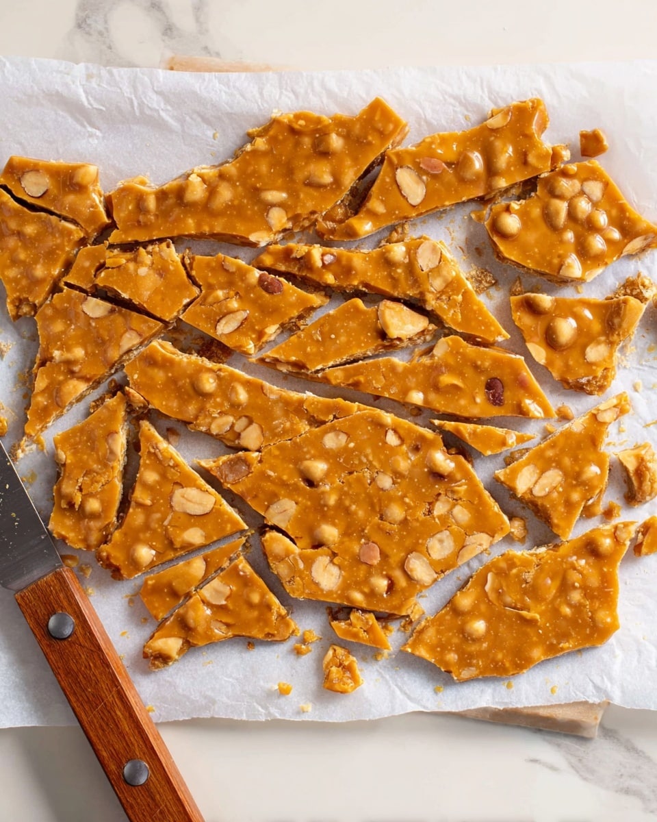 The image shows a brittle peanut candy broken into many rough pieces placed on white parchment paper. The candy is a golden brown color mixed with visible whole peanuts scattered throughout. The pieces vary in size and shape, some larger near the center and smaller ones around the edges. The brittle rests on a smooth white marbled surface with a wooden-handled knife near the bottom left corner. photo taken with an iphone --ar 4:5 --v 7