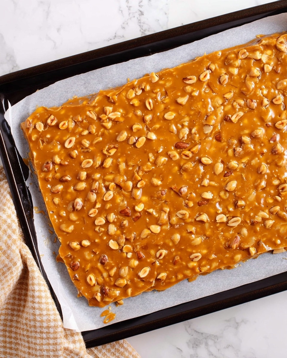 A flat rectangular layer of light brown peanut brittle with many small and medium-sized peanuts evenly spread throughout sits on white baking paper on a black rectangular tray. The peanut brittle has a shiny, smooth texture with a sticky appearance. The tray is placed on a white marbled surface with a beige checkered cloth partially visible on the upper left side. The edges of the peanut brittle are uneven and slightly thickened at some spots. photo taken with an iphone --ar 4:5 --v 7