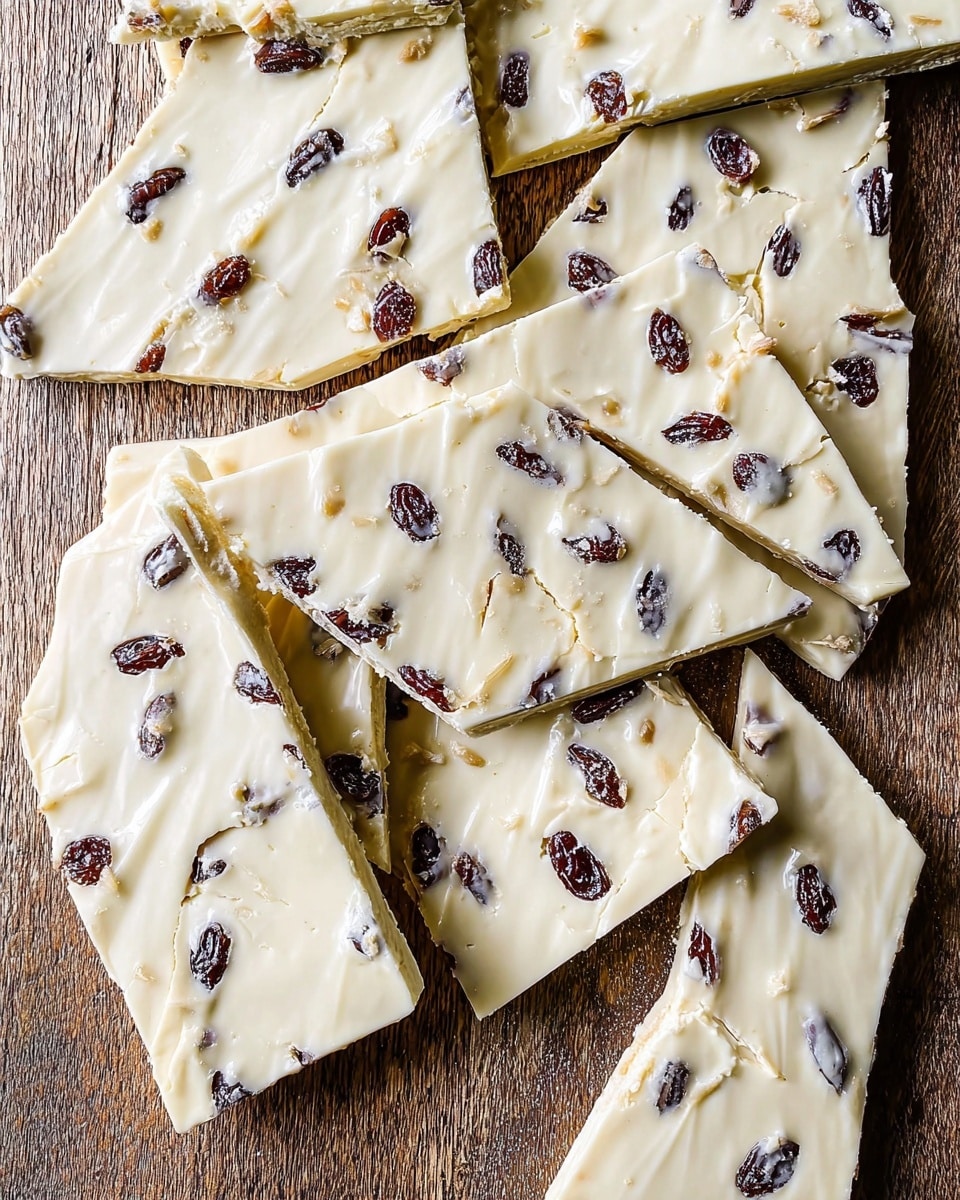 The image shows pieces of white chocolate bark with raisins scattered throughout. The bark is broken into roughly square and irregular pieces, arranged closely on a textured light wood surface. The top layer is creamy white with a smooth but slightly uneven texture, dotted with dark brown raisins that stick out slightly. The bark edges reveal a very thin layer of a darker base underneath the white top. Some pieces have visible cracks, adding to the rustic look of the treat. photo taken with an iphone --ar 4:5 --v 7