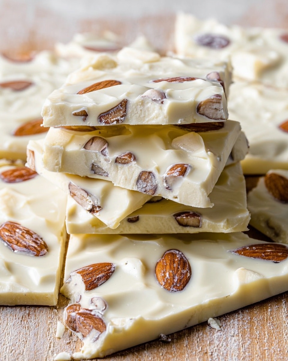 The image shows pieces of white chocolate bark with whole almonds embedded inside. The chocolate bark is broken into rough square shapes, with several pieces stacked on top near the center. Each piece has a smooth, slightly glossy white surface with visible whole almonds creating a bumpy texture. The bark is placed on a wooden surface that will be replaced by a white marbled texture. The colors mainly include creamy white and brown from the almonds, and the bark looks thick but delicate. photo taken with an iphone --ar 4:5 --v 7