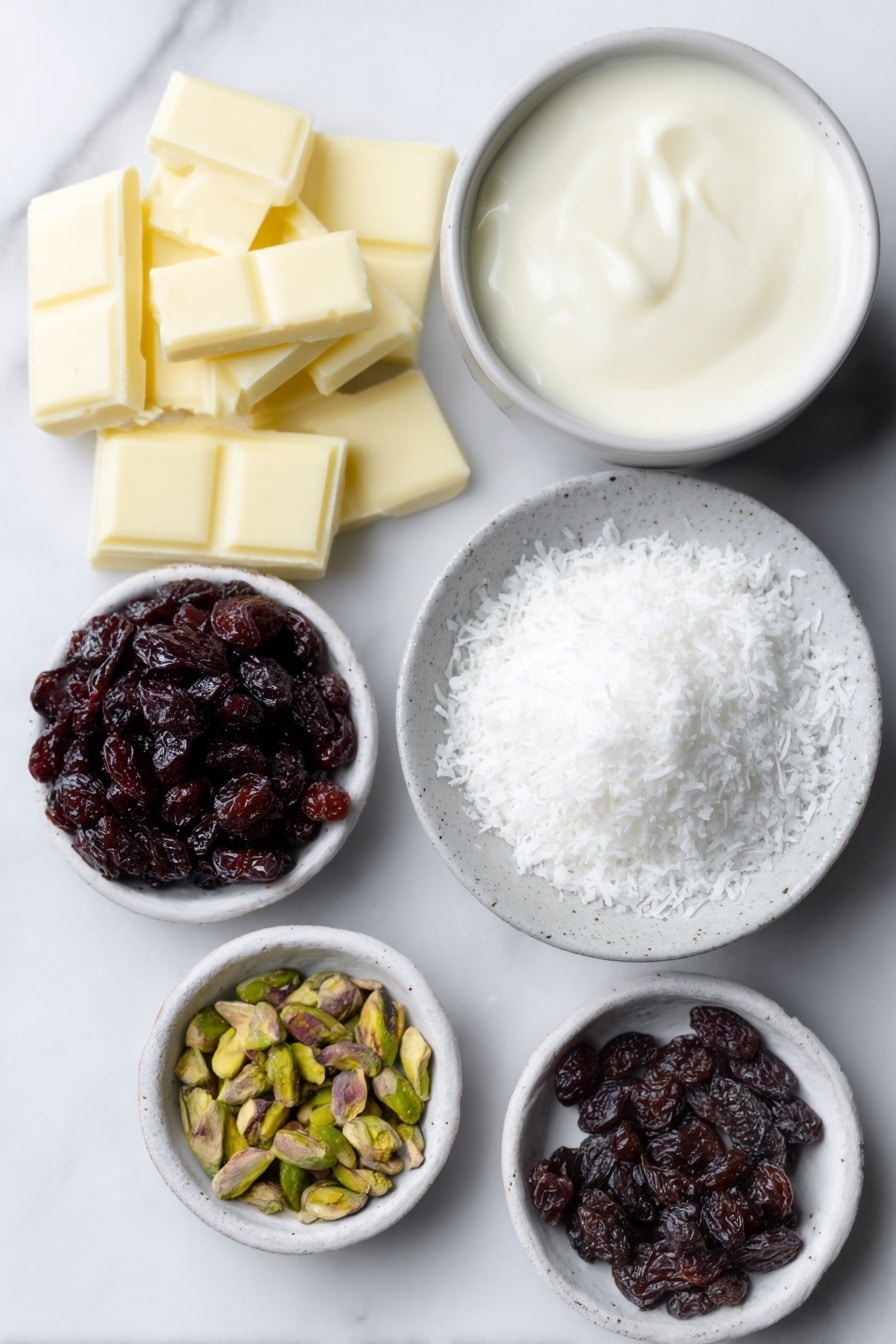 Flat lay of a simple white ceramic plate with several whole chewy red velvet cookies showing their rich red color and chocolate chips, a small white bowl filled with smooth cream cheese, a small white bowl heaped with glossy white chocolate chips, a tiny white bowl containing vivid green food coloring gel, and a small simple white ceramic dish holding bright red heart sprinkles, all arranged in perfect symmetry on a clean white marble surface, soft natural light, photo taken with an iPhone, professional food photography style, fresh ingredients, white ceramic bowls, no bottles, no duplicates, no utensils, no packaging --ar 2:3 --v 7 --p m7354615311229779997 - Grinchy Red Velvet Cake Bites, festive holiday treats, no-bake Christmas desserts, green white chocolate cake balls, holiday party desserts