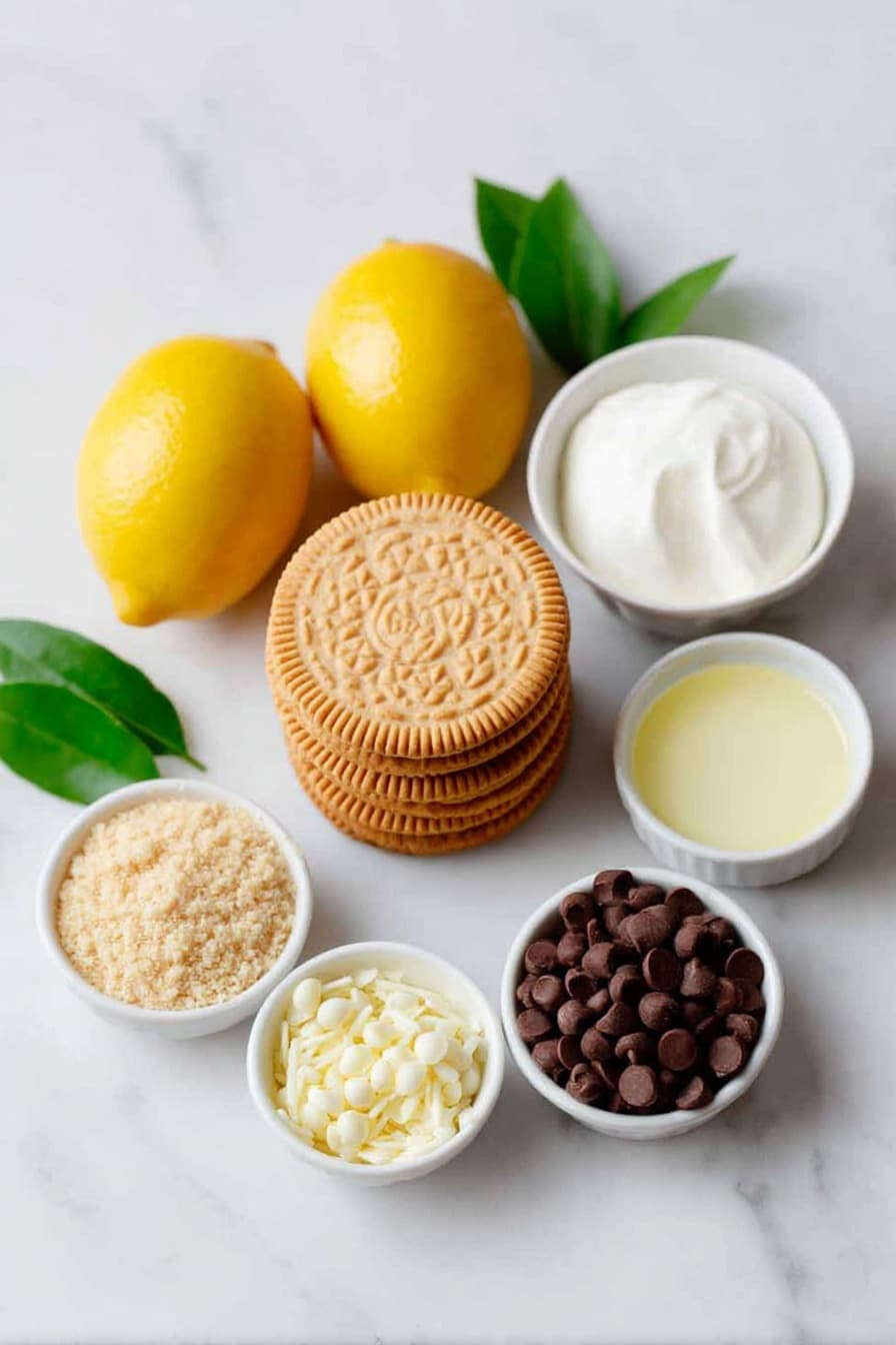 Flat lay of a small stack of fresh whole bright yellow lemons, a few sprigs of green lemon leaves, a small white ceramic bowl filled with fine golden vanilla cream cookie crumbs, a whole Golden Oreo cookie placed beside the crumbs, a small white ceramic bowl with smooth softened cream cheese, a small white ceramic bowl holding delicate lemon zest strands, a small white ceramic bowl containing fresh lemon juice with visible pulp, a small white ceramic bowl filled with glossy white chocolate chips, and a small white ceramic bowl with a dollop of creamy coconut oil, all arranged with perfect symmetry on a clean white marble surface, soft natural light, photo taken with an iPhone, professional food photography style, fresh ingredients, white ceramic bowls, no bottles, no duplicates, no utensils, no packaging --ar 2:3 --v 7 --p m7354615311229779997 - Lemon Oreo Truffles, Lemon Oreo Dessert, No-Bake Lemon Treats, Easy Lemon Truffles, Homemade Lemon Oreo Bites