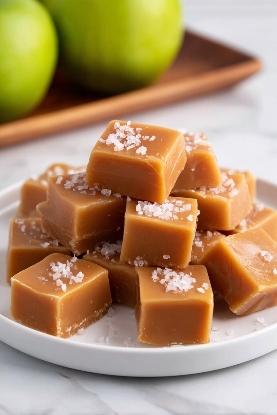Apple Cider Caramels Recipe 6 The image shows a wooden board with two layers of soft caramel squares arranged in a 4 by 5 group on the right side, each glossy and light brown in color with smooth texture. Three caramel squares are placed beside the group and one caramel piece is partially wrapped in white translucent paper tape and tied like a small gift at the bottom left of the image. A green apple is partially visible at the top left corner. The whole scene is on a white marble surface that provides a clean, bright background. photo taken with an iphone --ar 2:3 --v 7 - Apple Cider Caramels, Autumn Apple Cider Candies, Homemade Apple Cider Caramel, Spiced Apple Cider Treats, Fall Caramel Recipes