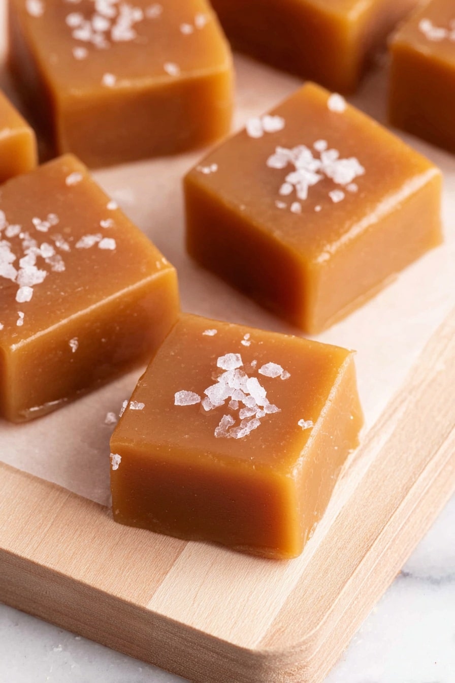 Apple Cider Caramels Recipe 8 A white plate holds a pile of soft caramel squares, each with smooth light brown surfaces and slightly rounded edges. The caramels are stacked with some sitting flat and others tilted at angles, creating a small mound. Each piece is topped with a sprinkle of coarse white sea salt crystals, which stand out against the warm caramel color. The plate is set on a white marbled surface, and a green apple and part of a wooden tray are blurred in the background. photo taken with an iphone --ar 2:3 --v 7 - Apple Cider Caramels, Autumn Apple Cider Candies, Homemade Apple Cider Caramel, Spiced Apple Cider Treats, Fall Caramel Recipes
