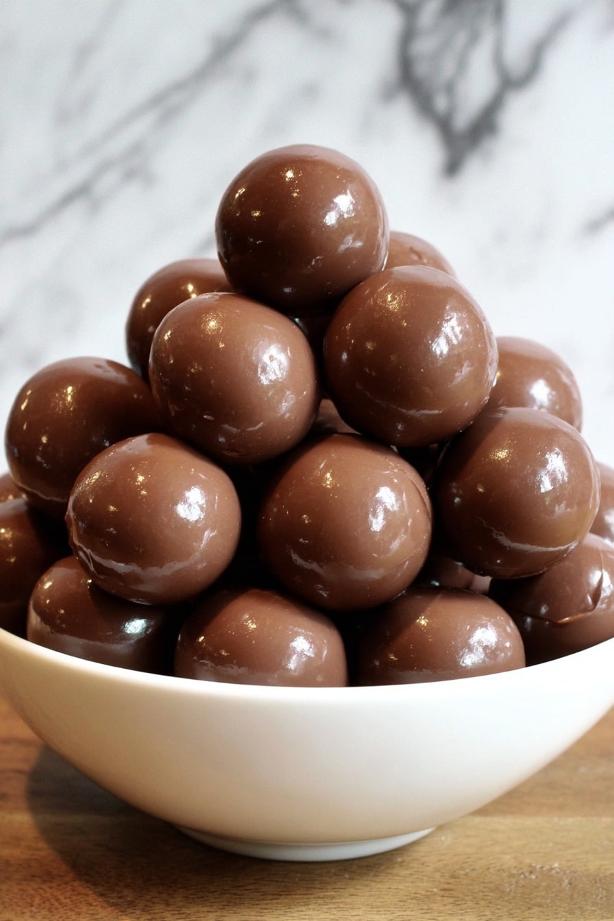 A white bowl is filled to the top and piled high with large, round shiny chocolate balls that have a smooth, glossy texture. The chocolate balls are stacked in a pyramid shape, with some spilling over the rim of the bowl, showing their rich brown color with light reflections on their surface. The bowl is set on a white marbled surface. Photo taken with an iphone --ar 2:3 --v 7 - Malted Milk Balls, Malted Milk Balls Recipe, Homemade Malted Candy, Easy Malted Chocolate Bites, Nostalgic Candy Treats