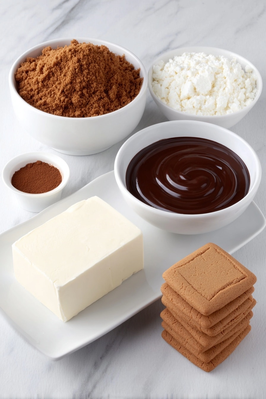 Chocolate Covered Gingerbread Truffles Recipe 7 Flat lay of a small white ceramic bowl filled with finely crushed gingersnap cookie crumbs, a few whole gingersnap cookies stacked beside it, a block of cream cheese with a smooth surface on a white ceramic plate, a small white bowl containing ground cinnamon powder, and a simple white ceramic bowl holding glossy melted dark chocolate, all arranged in perfect symmetry with natural lighting placed on a clean white marble surface, soft natural light, photo taken with an iPhone, professional food photography style, fresh ingredients, white ceramic bowls, no bottles, no duplicates, no utensils, no packaging --ar 2:3 --v 7 --p m7354615311229779997 - Chocolate Covered Gingerbread Truffles, gingerbread truffles, holiday chocolate treats, festive chocolate desserts, spicy gingerbread candies