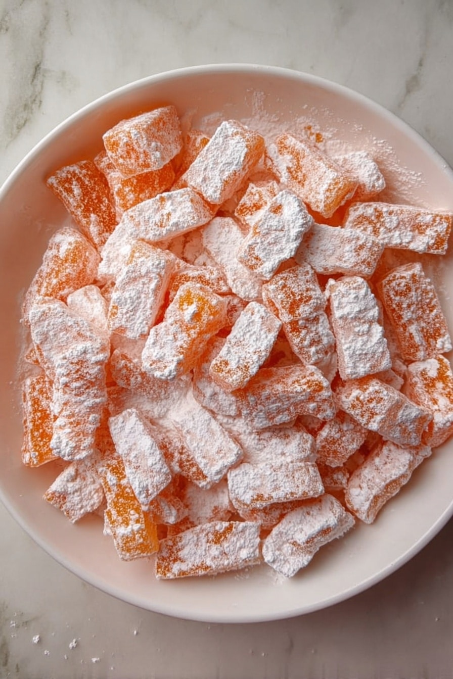 Homemade Hard Candy Recipe 8 The image shows several small square orange caramels wrapped in clear white wax paper with twisted ends, scattered on a white marbled surface. The caramels have a slightly rough texture with white powdered sugar lightly dusted on them, giving a soft and slightly frosty look. Each caramel is evenly wrapped, showing the orange inside clearly through the paper. Photo taken with an iphone --ar 2:3 --v 7 - Homemade Hard Candy, candy-making at home, DIY hard candy, easy homemade candies, nostalgic candy recipes