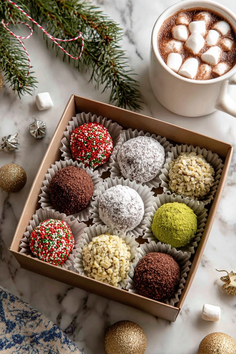 A box with nine round chocolate truffles arranged in a 3 by 3 grid, each placed in individual white paper cups inside a light brown box. The truffles have different coatings: white powdered sugar, red, green, and white tiny round sprinkles, light brown cocoa powder, and crushed nuts, creating a mix of white, red, green, light brown, and nutty beige colors. The box is on a white marbled tiled surface with blue patterns, and nearby are loose truffles, two small gold Christmas ornaments, and a white ceramic mug filled with hot chocolate topped with mini white marshmallows. A plain brown box and green pine sprigs with red and white string are in the background. Photo taken with an iphone --ar 2:3 --v 7 - Chocolate Rum Balls, boozy chocolate treats, no-bake holiday desserts, easy chocolate rum balls, chocolate rum balls recipe