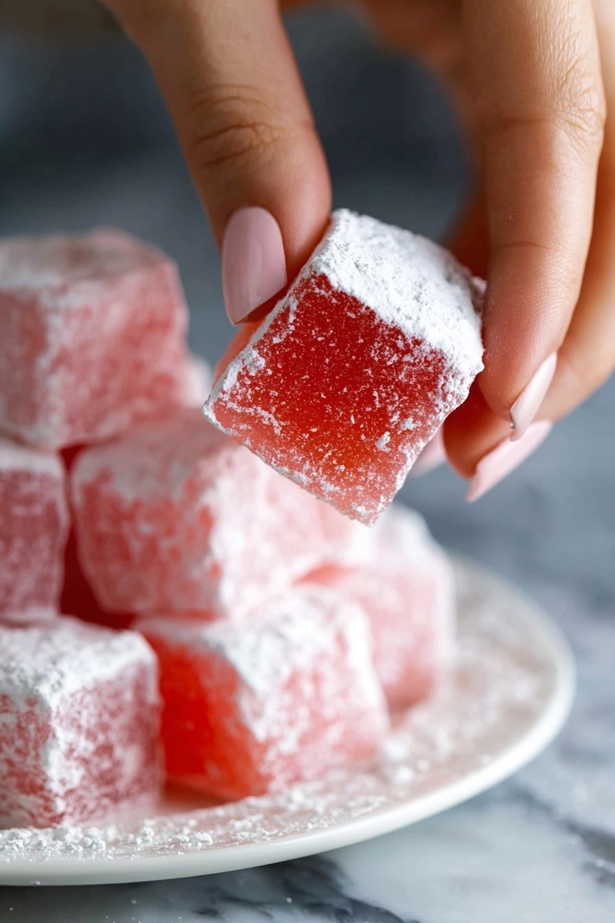 A close-up image shows a woman's hand holding a single pink square-shaped Turkish delight dusted with white powdered sugar. The candy has a soft, slightly shiny texture and is semi-transparent with a bright pink color inside. In the blurred background, there is a white plate stacked high with more pink Turkish delights covered in powdered sugar, all resting on a white marbled surface. photo taken with an iphone --ar 2:3 --v 7 - Turkish Delight, Authentic Turkish Delight, homemade Turkish delight, Turkish confectionery, traditional Turkish sweets