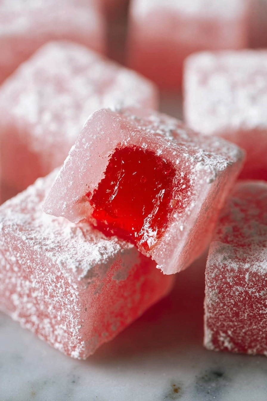 The image shows several square-shaped pink jelly cubes covered in a fine layer of white powdered sugar. One cube is in the front and center, with a bite taken out of its side, revealing a shiny, translucent red jelly inside. The texture of the cubes looks soft and slightly sticky under the sugar. The cubes are placed close together on a white marbled surface. The overall color is soft pink with a bright red center inside the bitten cube. photo taken with an iphone --ar 2:3 --v 7 - Turkish Delight, Authentic Turkish Delight, homemade Turkish delight, Turkish confectionery, traditional Turkish sweets