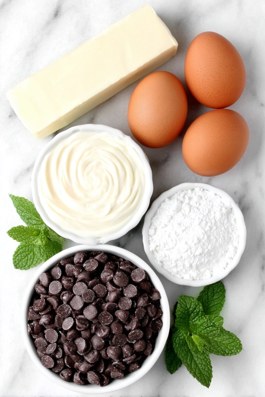 Mint Chocolate Fudge Recipe 7 Flat lay of a small pile of glossy semi-sweet chocolate chips, a smooth stick of unsalted butter, a small white ceramic bowl filled with thick sweetened condensed milk, two whole clean brown eggs, a small white ceramic bowl containing clear peppermint extract, a small white ceramic bowl with pale vanilla extract, and a few fresh mint leaves arranged neatly, all placed on a clean white marble surface, soft natural light, photo taken with an iPhone, professional food photography style, fresh ingredients, white ceramic bowls, no bottles, no duplicates, no utensils, no packaging --ar 2:3 --v 7 --p m7354615311229779997 - Mint Chocolate Fudge, mint chocolate candy, easy fudge recipe, homemade mint fudge, holiday fudge ideas