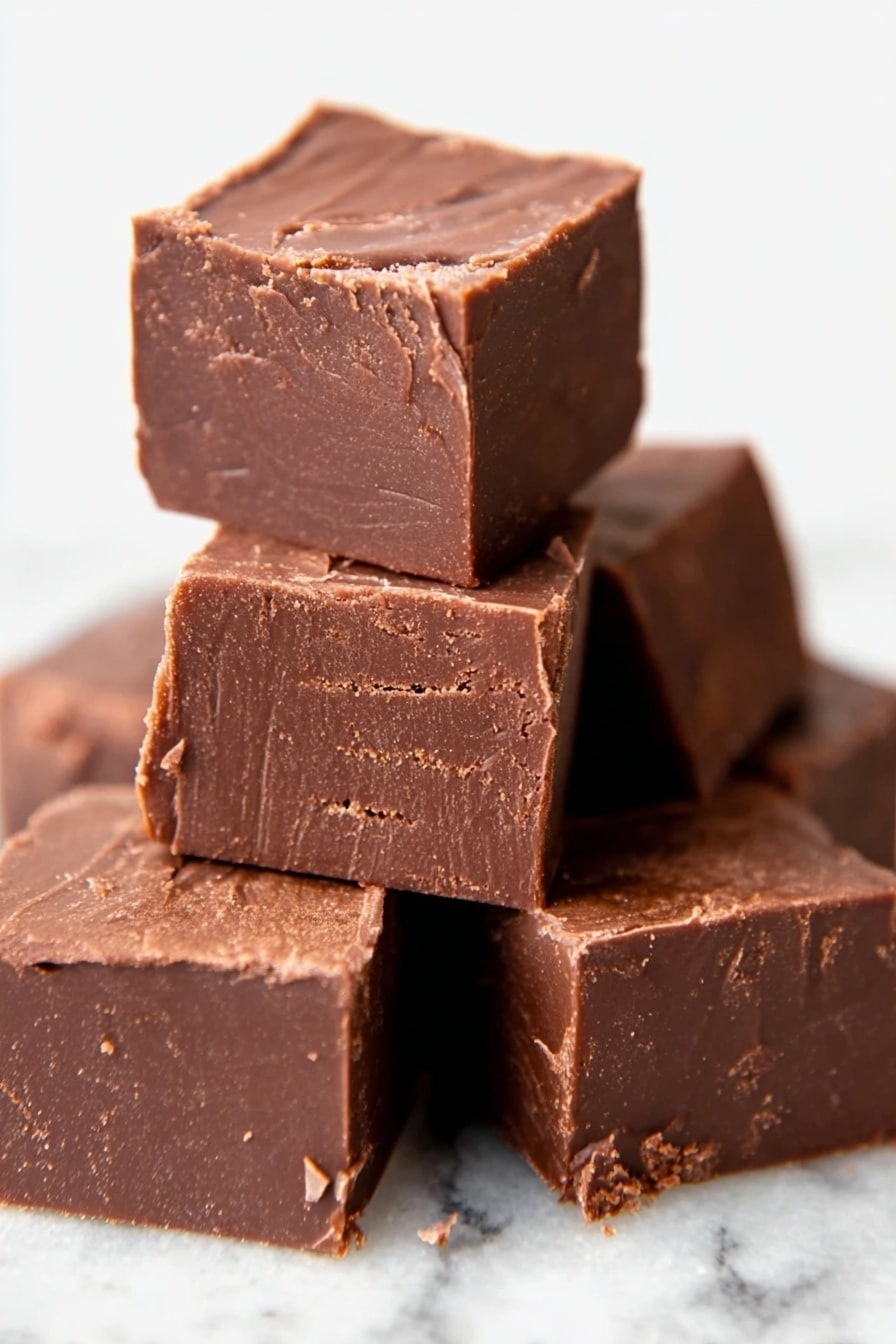Mint Chocolate Fudge Recipe 6 The image shows a close-up of six thick, square pieces of chocolate fudge stacked unevenly on a white marbled surface. The fudge pieces are dark brown with a smooth but slightly rough textured top and sides. The edges are sharp, and the surface of the fudge has some light scratches and small cracks. The stack is arranged so that three pieces form the base, two pieces sit on top of the base, and one piece is balanced on the very top, slightly tilted. photo taken with an iphone --ar 2:3 --v 7 - Mint Chocolate Fudge, mint chocolate candy, easy fudge recipe, homemade mint fudge, holiday fudge ideas
