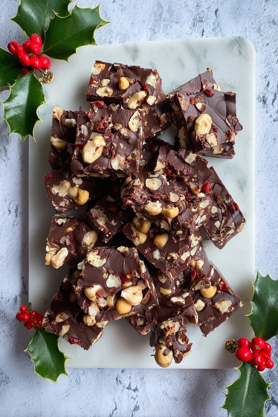 The image shows a white rectangular board laid on a white marbled surface, with multiple pieces of chocolate rocky road arranged on it. Each piece is a rich dark brown chocolate square filled with visible chunks of light beige nuts and bits of bright red dried fruit, giving the texture a rough, chunky look. The chocolate appears firm and glossy, holding the ingredients together in uneven shapes. Green holly leaves with red berries are placed on the top left and bottom right corners of the board, adding a seasonal touch. Photo taken with an iphone --ar 2:3 --v 7 - Easy Chocolate Peanut Clusters, quick chocolate peanut snacks, salty sweet peanut treats, homemade chocolate peanut candies, simple peanut cluster recipe