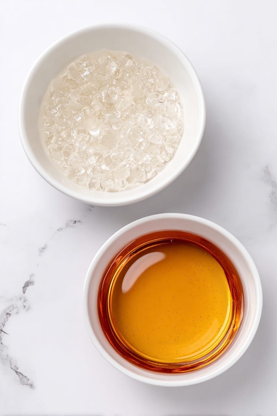 Flat lay of a small white ceramic bowl filled with golden amber maple syrup, placed next to a clean white ceramic bowl of clear water, placed on a clean white marble surface, soft natural light, photo taken with an iPhone, professional food photography style, fresh ingredients, white ceramic bowls, no bottles, no duplicates, no utensils, no packaging --ar 2:3 --v 7 --p m7354615311229779997 - Homemade Maple Syrup Candy, Maple Syrup Candy Recipe, How to Make Maple Candy, Maple Candy DIY, Natural Maple Syrup Confection